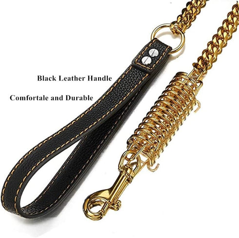 Gold Dog Chain Leash: 15mm Cuban Link Chain with Strong Buffer Spring, Genuine Leather Handle for Large Dogs