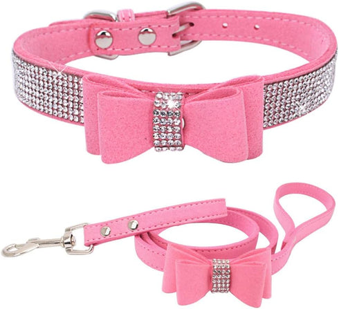 Bow Tie Dog Collar and Leash Set, Bling Rhinestone Puppy Collars with Bowtie for XXS XS Small Medium Large Dogs (Pink M)