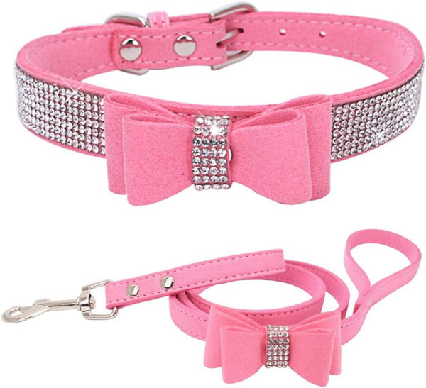 Bow Tie Dog Collar and Leash Set, Bling Rhinestone Puppy Collars with Bowtie for XXS XS Small Medium Large Dogs (Pink M)
