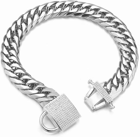 Heavy Double Cuban Link Chain Dog Collar, Stainless Steel Silver for Medium Large Dogs, Waterproof, Chewproof, Luxury