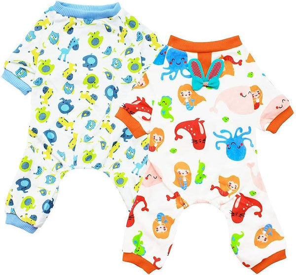 2-Pack Pet Clothes Puppy Cute Pajamas - Cotton Rompers for Dogs, Cats Jumpsuits, Bluehorse & Mermaid, XL