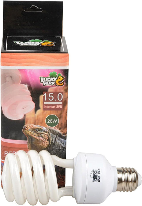 LUCKY HERP 15.0 UVB Intense Fluorescent Bulb, Terrarium Lamp for Reptiles, E26, 26 Watt