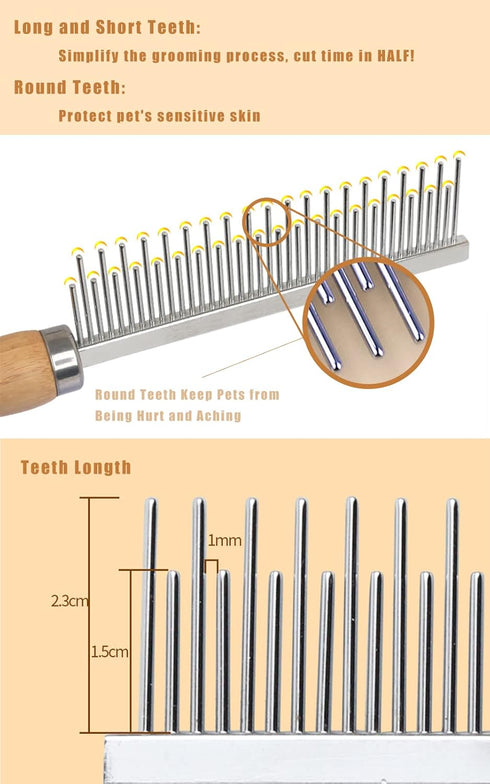 Dog Cat Comb Grooming Comb with Wooden Handle - Stainless Steel Teeth for Grooming Hairy Pets (Dual Teeth)
