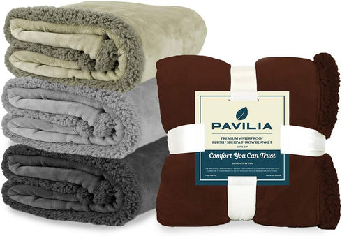 PAVILIA WATERPROOF Blanket for Couch, Dog Blanket for Large Dog, Plush Soft Sherpa Bed Throw, Taupe, 60x80