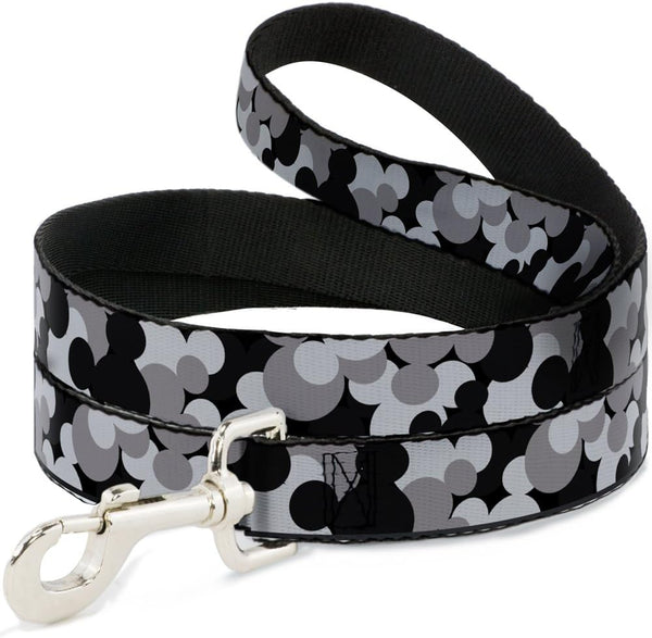 Buckle-Down Dog Leash, Mickey Mouse Head Stacked, Black Grays, 4 Feet Long, 1" Wide, for Small Medium Large Dogs