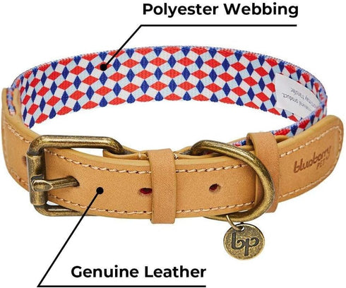 Blueberry Pet Multicolor Geometric Squares Dog Collar - Genuine Full Grain Leather & Polyester Combo, Large