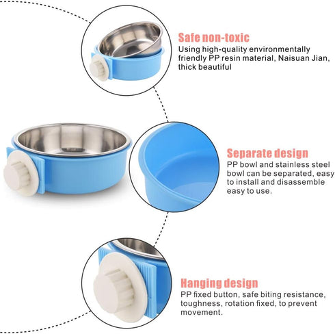 Crate Dog Bowl Removable Stainless Steel Water Food Feeder Bowls for Cat, Puppy, Bird Pets (Large, Blue)