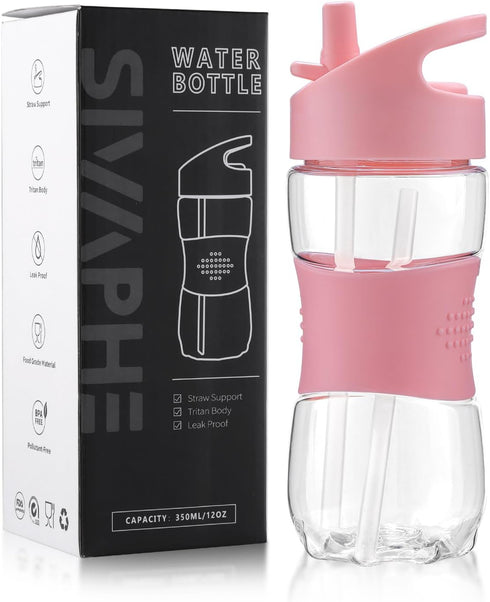 Sivaphe Clear Kids Water Bottle with Straw Cap, 12 oz, Portable Leak-Proof Tritan Beverage Bottle for School Girls