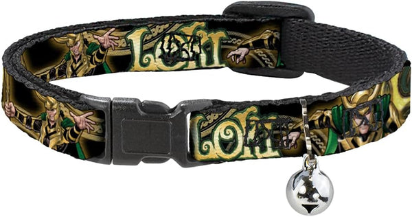 Cat Collar Breakaway Loki Poses in Black Gold Green, 8 to 12 Inches, 0.5 Inch Wide, Model: BAC-WAV037-NM