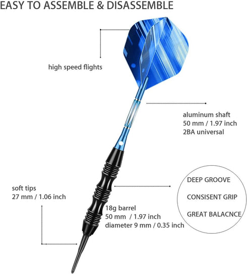 Professional Soft Tip Darts Set - 20 Grams, 30 Darts Plastic Tip, 50 Rubber O-Rings, Aluminum Shafts, 6 Flights,