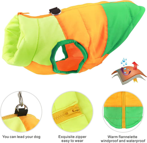 Idepet Pet Dog Cat Coat with Leash Anchor, Color Patchwork Padded Puppy Vest Jacket, Medium (Pack of 1), Green