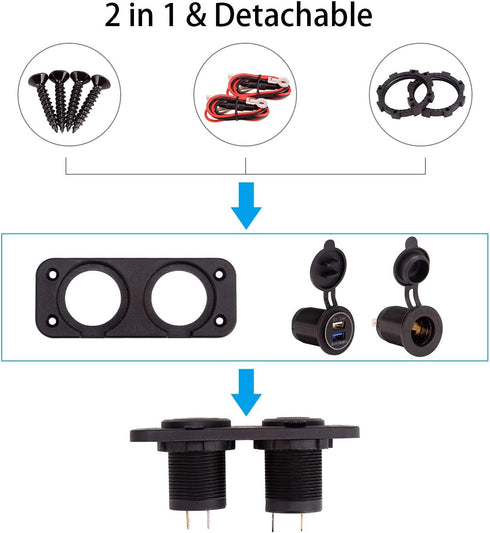 10L0L 3.0 12V Golf Cart Cigarette Lighter Outlet & Quick Charge DC Input Waterproof USB Charger Power Socket Adapter