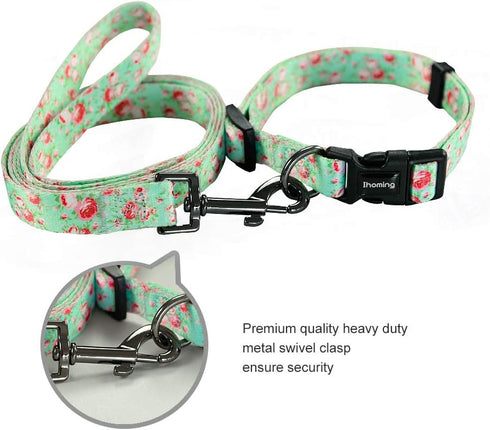 Ihoming Dog Collar and Leash Set, Floral GreenLake Design for Large Dogs Cats, Daily Outdoor Walking Training, L-Up to