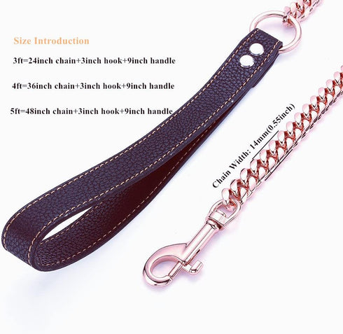Rose Gold Dog Chain Leash - 10MM 14MM Curb Cuban Link, Strong Chew Proof Stainless Steel, 3FT/4FT/5FT for Small Medium