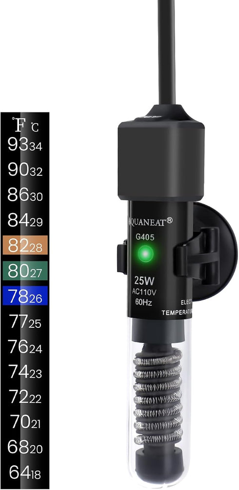 AQUANEAT 25W Mini Betta Fish Tank Heater, Aquarium Water Thermostat with Thermometer, Small Size