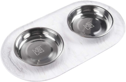 Messy Cats Double Silicone Feeder with Stainless Saucer Shaped Bowl | Anti-Slip Non-Skid Cat Food Bowls | Two Cat Bowls in Feeding/Water Station | 1.75 Cups per Bowl (Marble)