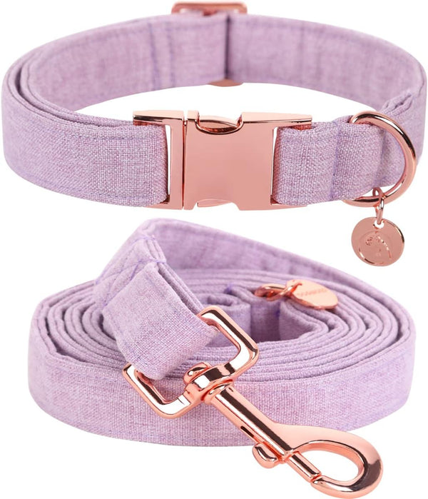 DOGWONG Cotton Dog Collar Leash Set, Durable Adjustable Purple Pet Collar for Small Medium Large Dogs