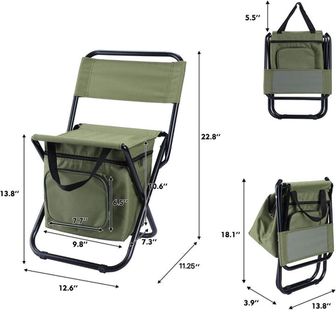 12.2" Depth,12.6" LEADALLWAY Fishing Chair with Cooler Bag Compact Fishing Stool Foldable Small Hunting Chair Seat Seat