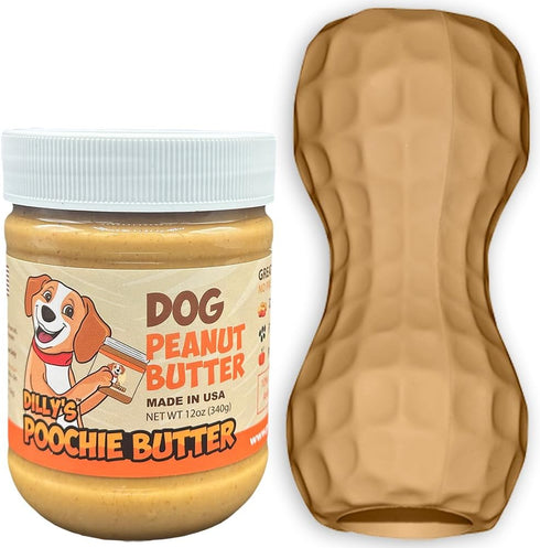 Dilly's Poochie Butter Dog Peanut Butter 12oz Peanut Butter for Dogs Jar + Interactive Dog Toy (40-100lbs)