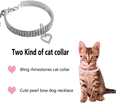 Rhinestones Dog Collar and Pearl Necklace Set, Adjustable Bling Full Diamond Collar for Small Cats and Puppies