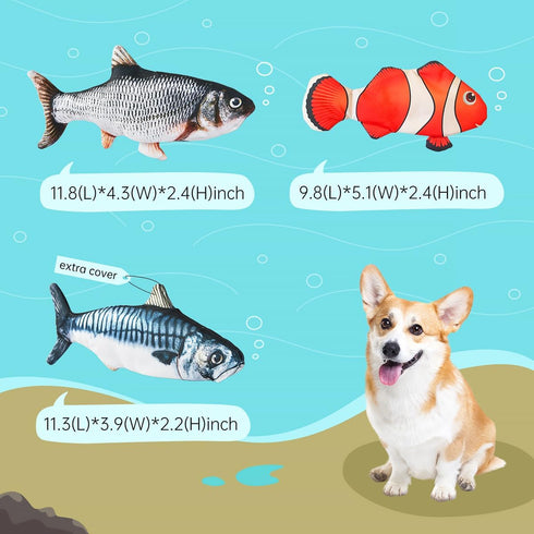 Electric Moving Dog Fish Toy 2 Pack with Updated Motor Realistic Flopping Fish Oxford Cloth Interactive Dog Toys Pet Toys for Small Dogs (with a Washable Spare Cover)