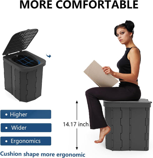 Hapoon XL Portable Folding Camping Toilet with Lid - Travel Portable Potty for Adults, Car Toilet, Light Black