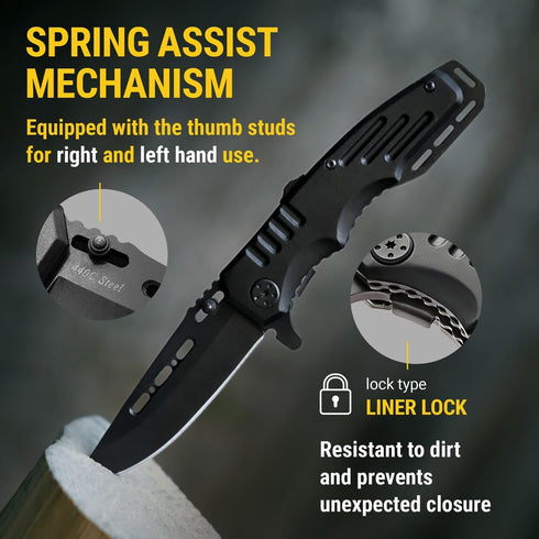 Safety Lock Pocket Knife, Spring Assisted 3.4-inch Sharp Blade, Folding Tactical Black Knife with Aluminum Handle,