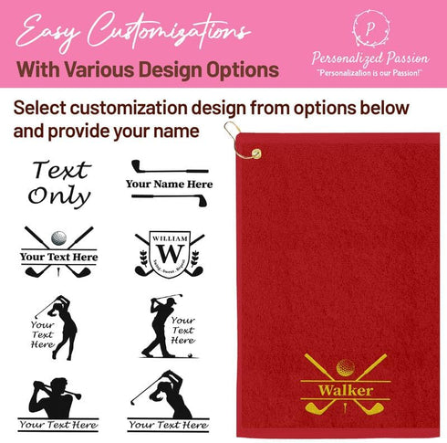 Grommet 16"x26" Personalized Passion Golf Towels with Corner - Customized Velour Cotton Golf Bag Towels with Name