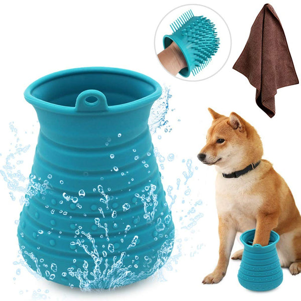 Idepet Dog Paw Cleaner Cup with Towel, Portable Pet Foot Washer Brush for Dogs and Cats, Blue