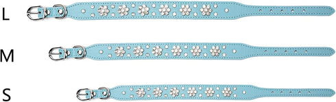 Rhinestone Dog Collar, Cute Flower Bling Collar, PU Leather Adjustable Sizes for Small Medium Large Dogs
