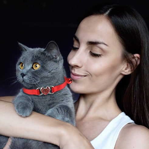 2 Pcs Cat Collars - Heart Bling Breakaway with Bell, Adjustable Nylon for Kitty (Red + Purple)