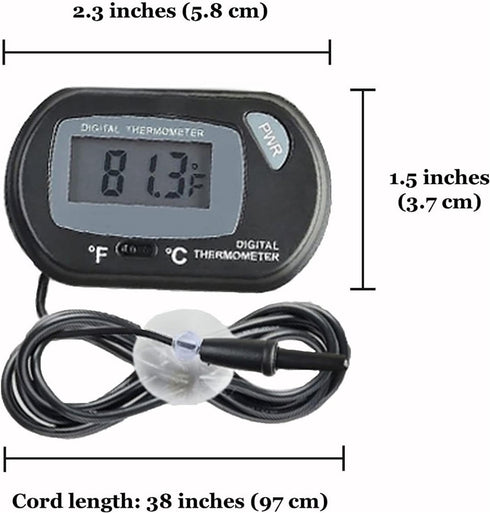 SunGrow Digital Betta Thermometer for Tropical Aquarium Fish, Black Color, 1 pc with Suction Cups and Battery