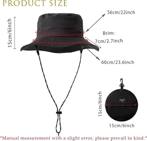 Waterproof Bucket Rain Hat with Chin Strap, Packable Sun Hat for Men Women Summer Lightweight Hiking Outdoor Cap Quick Dry Fishing Bucket Hat Black