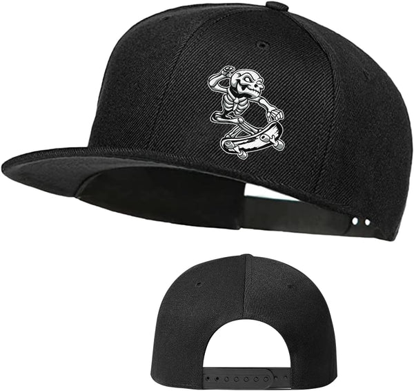 Skull Finger Flat Bill Hat for Men, Black Snapback Baseball Cap, Fitted Rock N Roll Skeleton Hand Hat