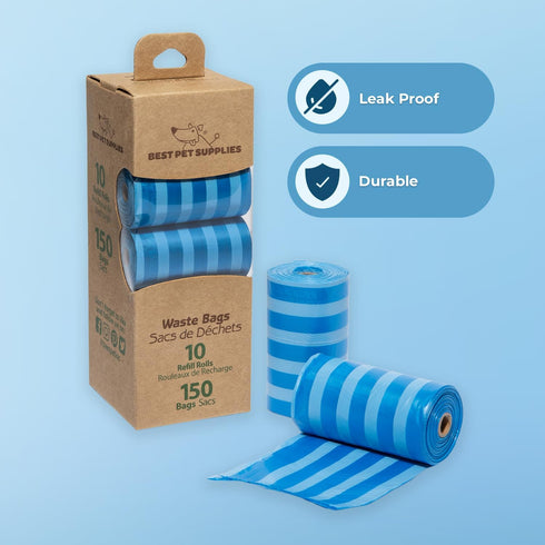 Best Pet Supplies Dog Poop Bags – 150 Bags for Waste Cleanup, Leak Proof and Tear Resistant, Blue Strips