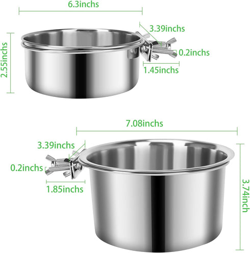 Dog Food Water Bowl for Cage with Clamp Holder, Stainless Steel Pet Kennel Hanging Bowls Non-Spill Detectable Bowls Crate Feeder for Small Medium Large Dogs (Silver, L (82 & 44 OZ))