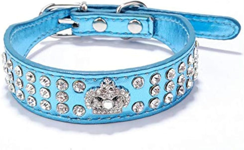 Rhinestone Dog Collar Crown Diamante Jewelry Crystal PU Leather Pet Collar, Blue, M