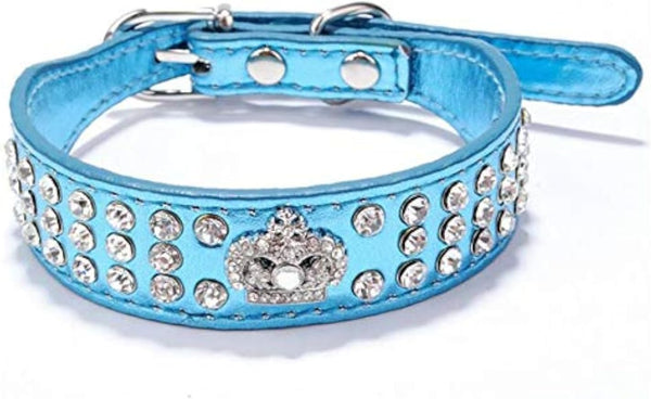Rhinestone Dog Collar Crown Diamante Jewelry Crystal PU Leather Pet Collar, Blue, M