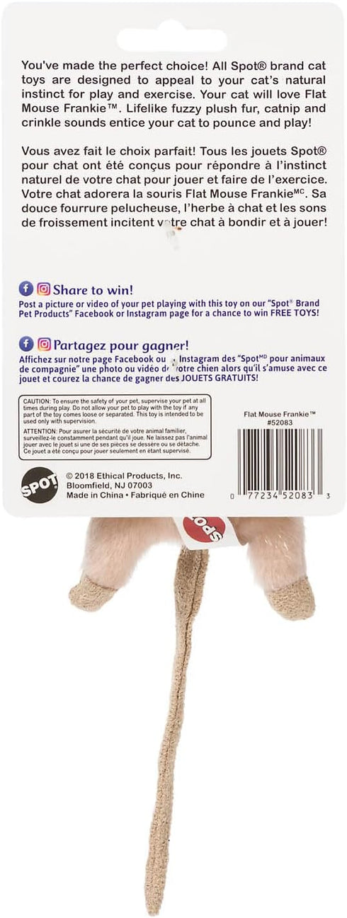 SPOT Flat Mouse Frankie with Catnip, Cat Toy, 5.5in Plush Mice with Catnip and Crinkle Sound, Perfect for Chasing
