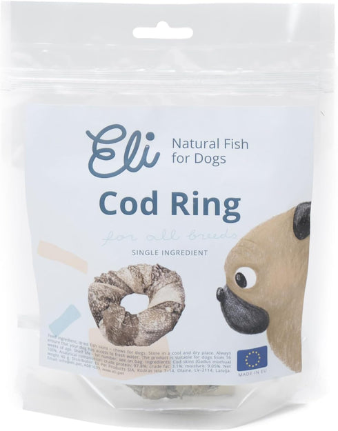 Eli Cod Skin Ring 3 Pack - Naturals Premium Dog Treats, Fish Skin Dental Treats, Rich in Protein & Omega 3, Low in Fat, Grain Free, Single Ingredient, Crispy, Hypoallergenic, Gluten Free, Air Dried