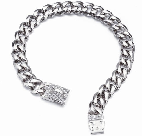 Silver Dog Chain Collar Cuban Link with Cubic Zirconia Buckle, ID Tag and Bell (15mm/19mm, 10-26inch)