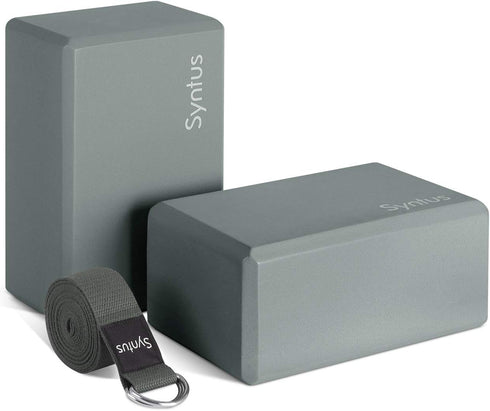 Syntus Yoga Block and Strap Set, 2 EVA Foam Soft Non-Slip Yoga Blocks, 8FT Metal D-Ring Strap for Fitness