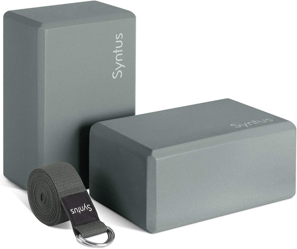 Syntus Yoga Block and Strap Set, 2 EVA Foam Soft Non-Slip Yoga Blocks, 8FT Metal D-Ring Strap for Fitness