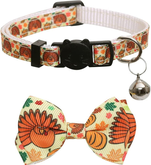 Lamphyface Thanksgiving Cat Collar with Bow Tie and Bell, Adjustable Breakaway Safety for Kitty