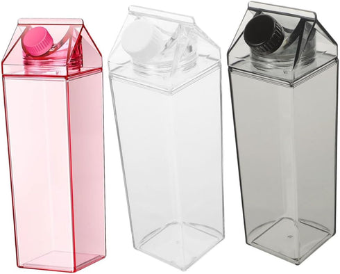 Sewroro 3pcs Reusable 500ml Milk Carton Bottles with Lids, Pink Black Plastic Square