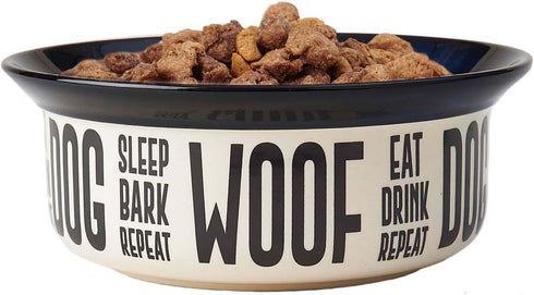 PetRageous Eat Drink Repeat Two-Tone Stoneware Dog Bowl, 4-Cup Capacity, Dishwasher Safe, Off-White.