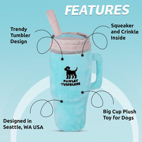 Crinkle & Squeak Dog Toy, Stanley Cup Inspired, Soft Plush for Medium & Large Dogs (Turquoise)