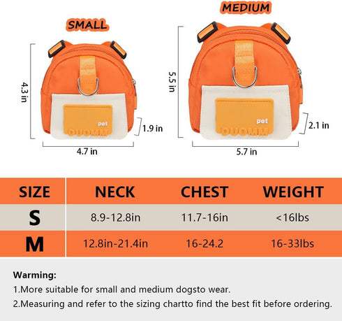 Dog Backpack Harness with Leash, Cute Pet Puppy Backpacks with Built-in Poop Bag Dispenser for Small Medium Dogs (S,