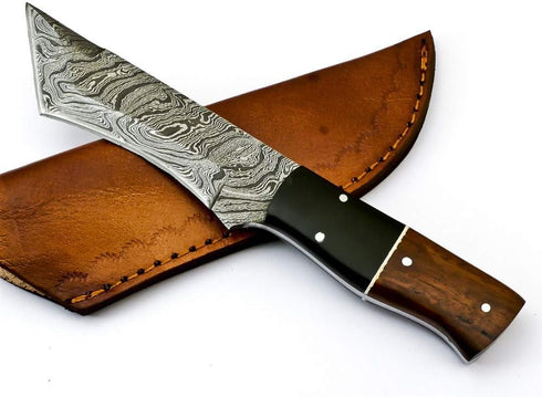 Rare Custom Damascus Tanto Hunting Knife | Best Outdoor Skinning Knife with Rose Wood Handle & Leather Sheath (S-6468)