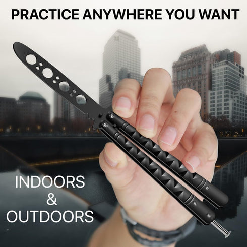 GOOD WORKER Practice Butterfly Knife, Black Butterfly Trainer, NOT Real NOT Sharp Blade for Training
